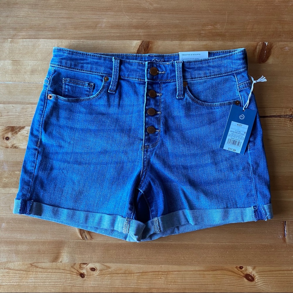 Button fly high-rise midi shorts